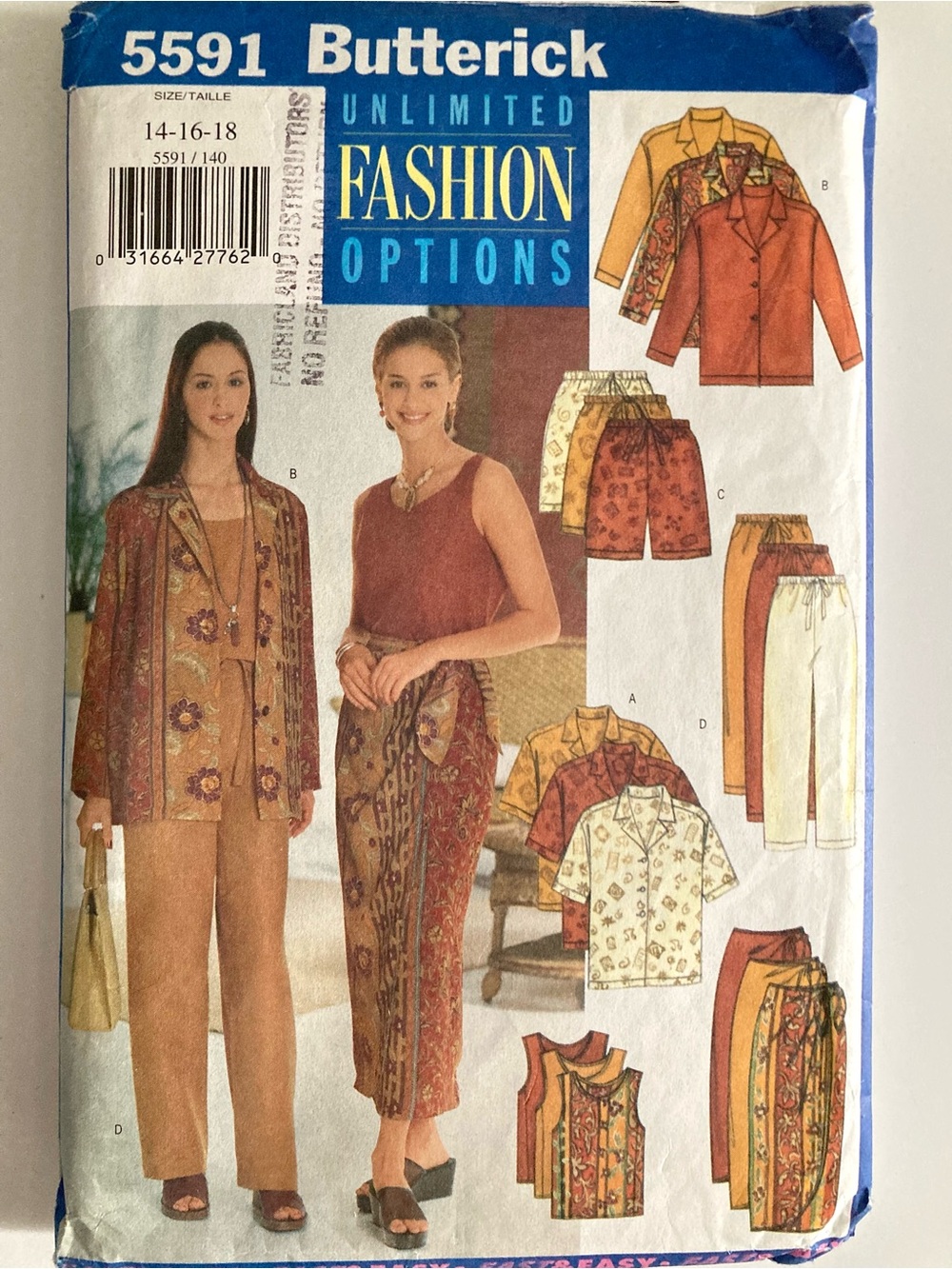 Butterick 5591 Sewing Pattern Pants Wrap Skirt Shorts Tank Button Tops 14 16 18
